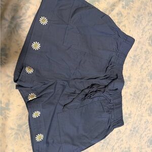 Navy Blue Women's Shorts with Daisy Embroidery